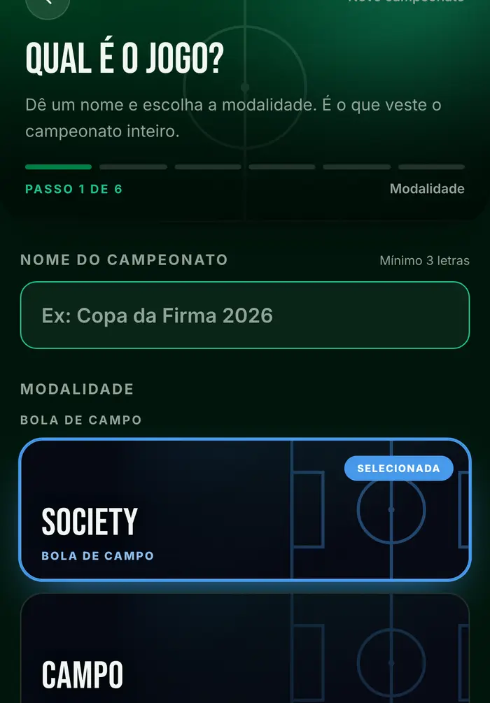 Tela de criar campeonato no app: o nome do campeonato e a escolha da modalidade, com society selecionado