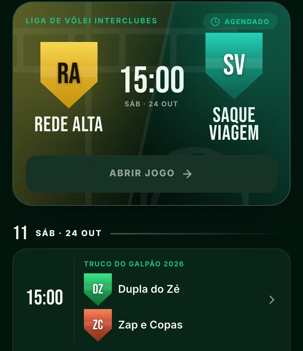 Agenda do app com os próximos jogos: a final de vôlei em destaque, com hora, dia e escudos, e as outras finais do sábado